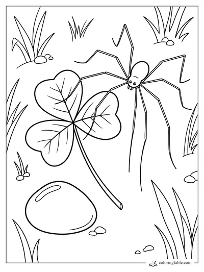 Minimalist long-legged spider near a three-leaf clover, smooth rock, grass tufts, and tiny pebbles