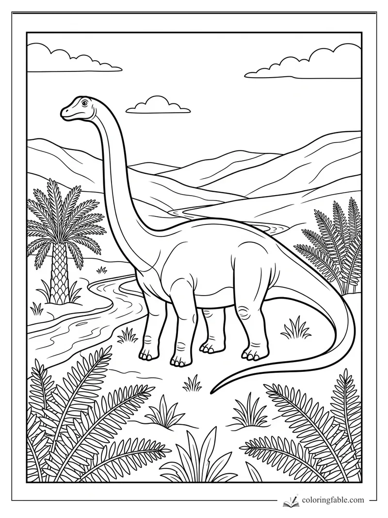 Long-neck dinosaur standing beside a winding river with ferns, palm-like plants, hills, and clouds.