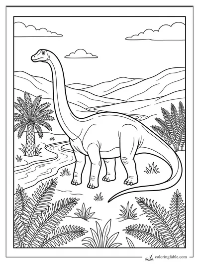 Long-neck dinosaur standing beside a winding river with ferns, palm-like plants, hills, and clouds.