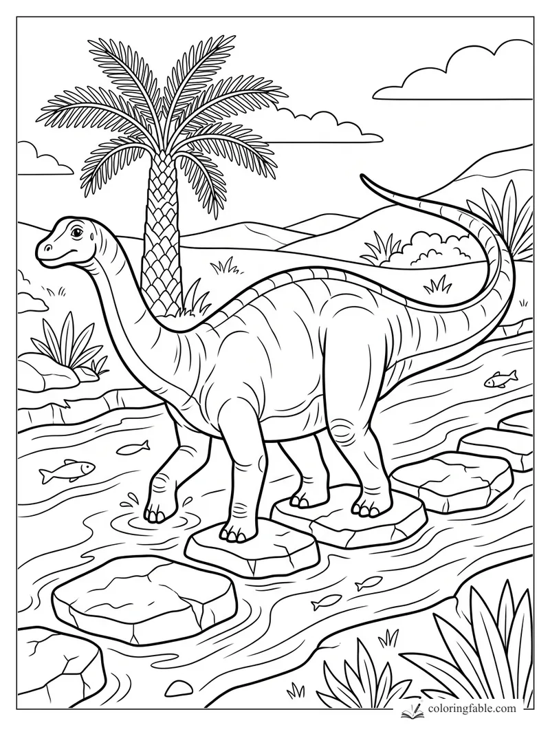 Long-neck dinosaur stepping across river rocks with fish, palms, hills, and clouds