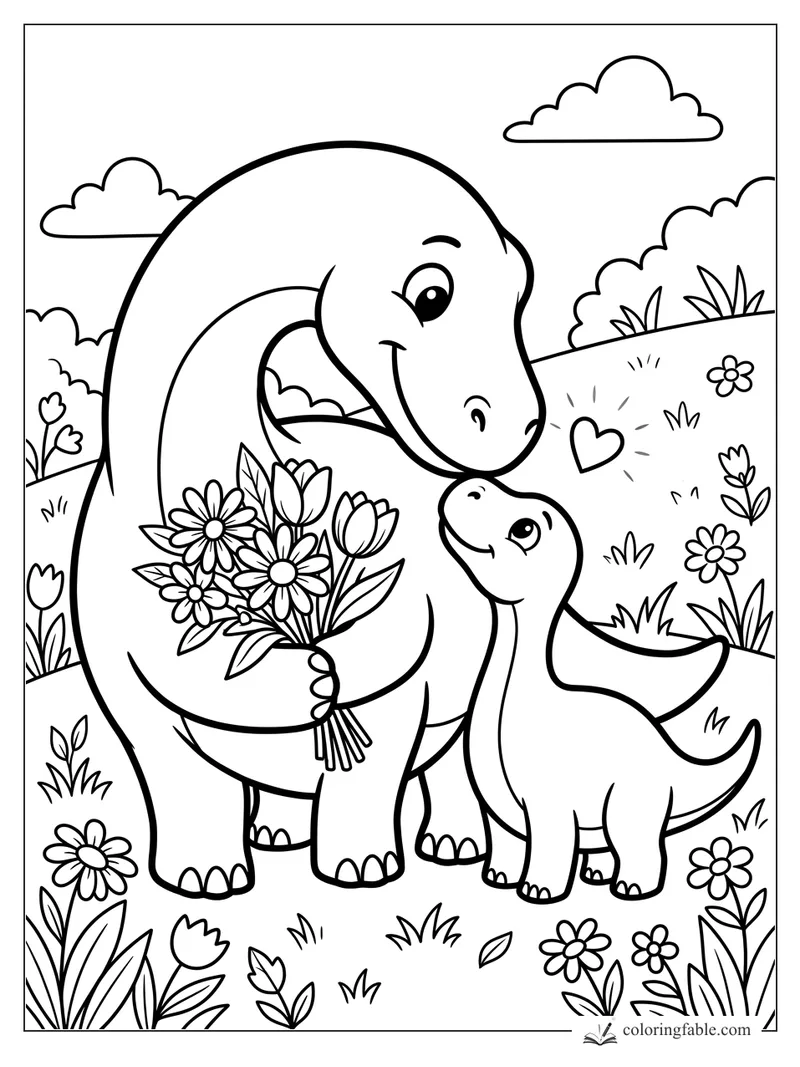 Cartoon long-neck dinosaur holding a flower bouquet and nuzzling a smaller dinosaur in a meadow.