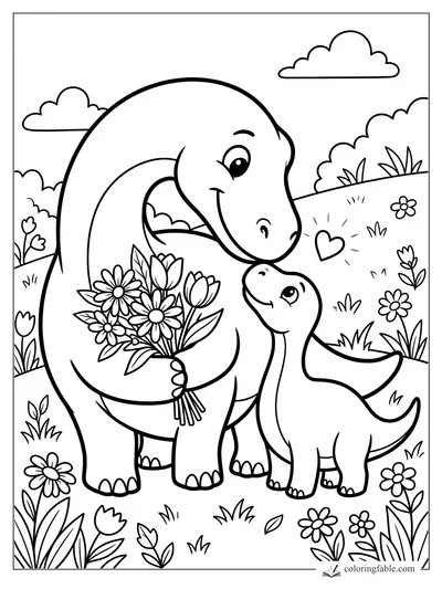Cartoon long-neck dinosaur holding a flower bouquet and nuzzling a smaller dinosaur in a meadow.