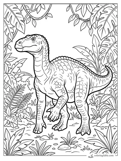 Long-neck dinosaur with back ridges standing among vines, ferns, and giant jungle leaves
