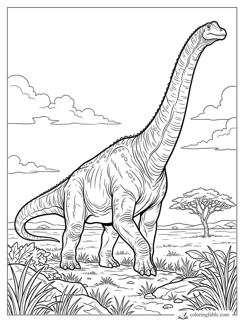 Realistic long-neck dinosaur standing on a grassy plain with clouds, shrubs, and an acacia tree