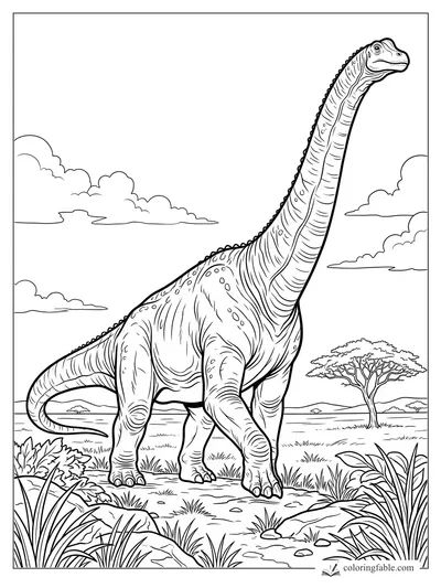 Realistic long-neck dinosaur standing on a grassy plain with clouds, shrubs, and an acacia tree