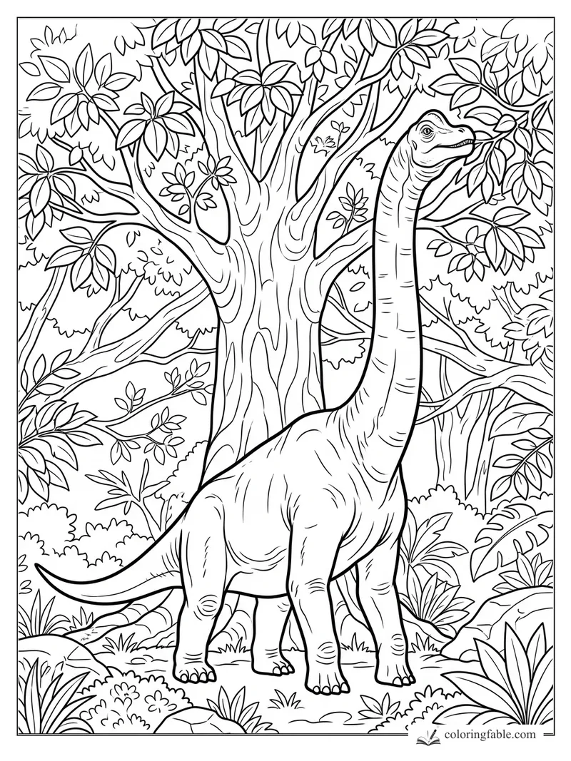 Long-neck sauropod dinosaur nibbling leaves among dense jungle trees and plants.