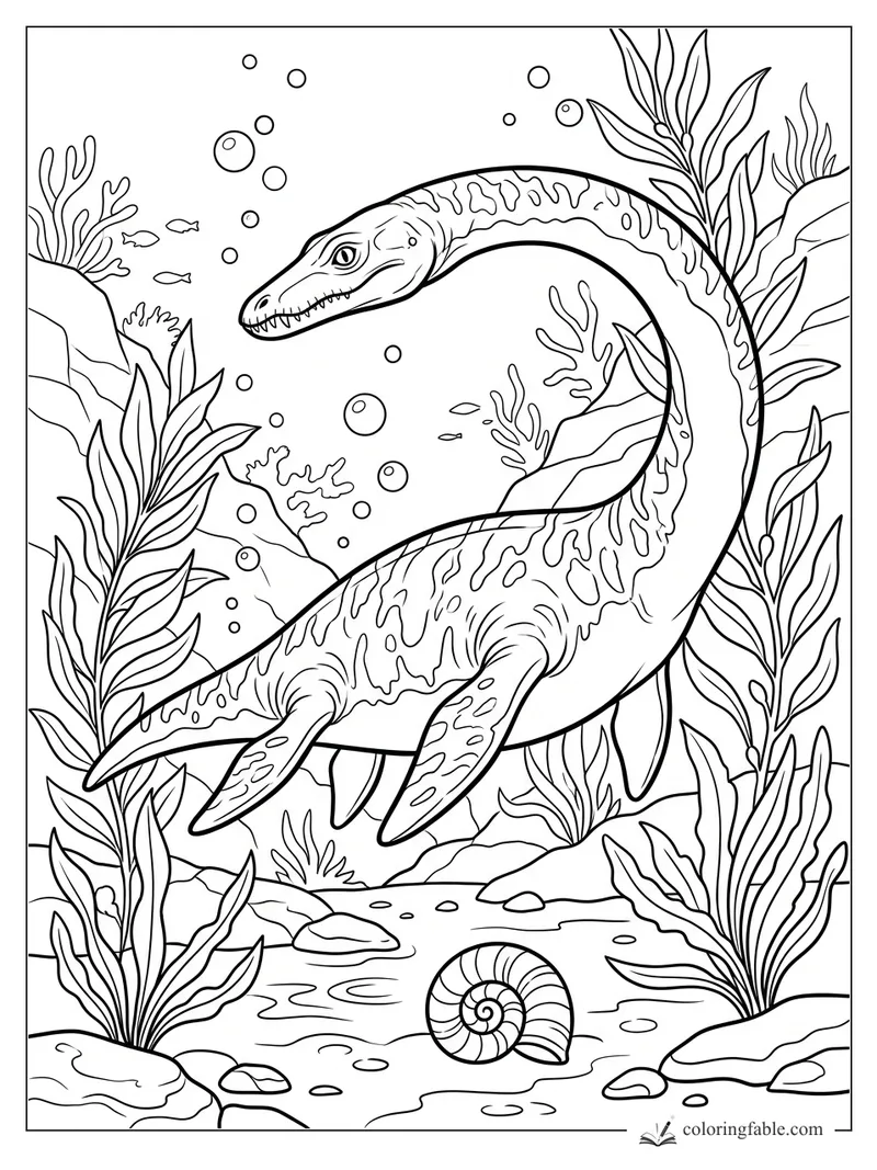Realistic long-necked sea dinosaur swimming through kelp, coral, bubbles, fish, rocks, and a spiral shell.