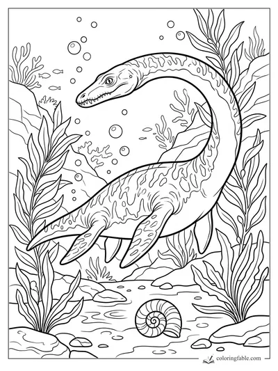 Realistic long-necked sea dinosaur swimming through kelp, coral, bubbles, fish, rocks, and a spiral shell.