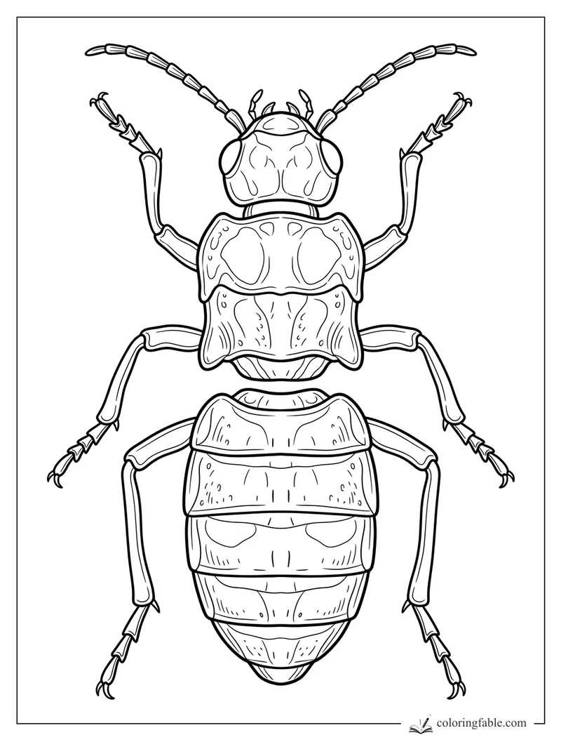 Detailed longhorn beetle coloring page with segmented antennae, raised claws, and patterned shell plates.