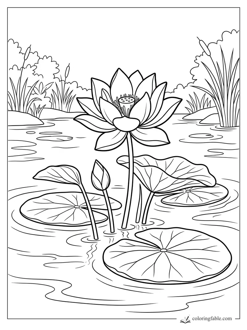 Lotus flower with layered petals, lily pads, reeds, cattails, and rippled pond water