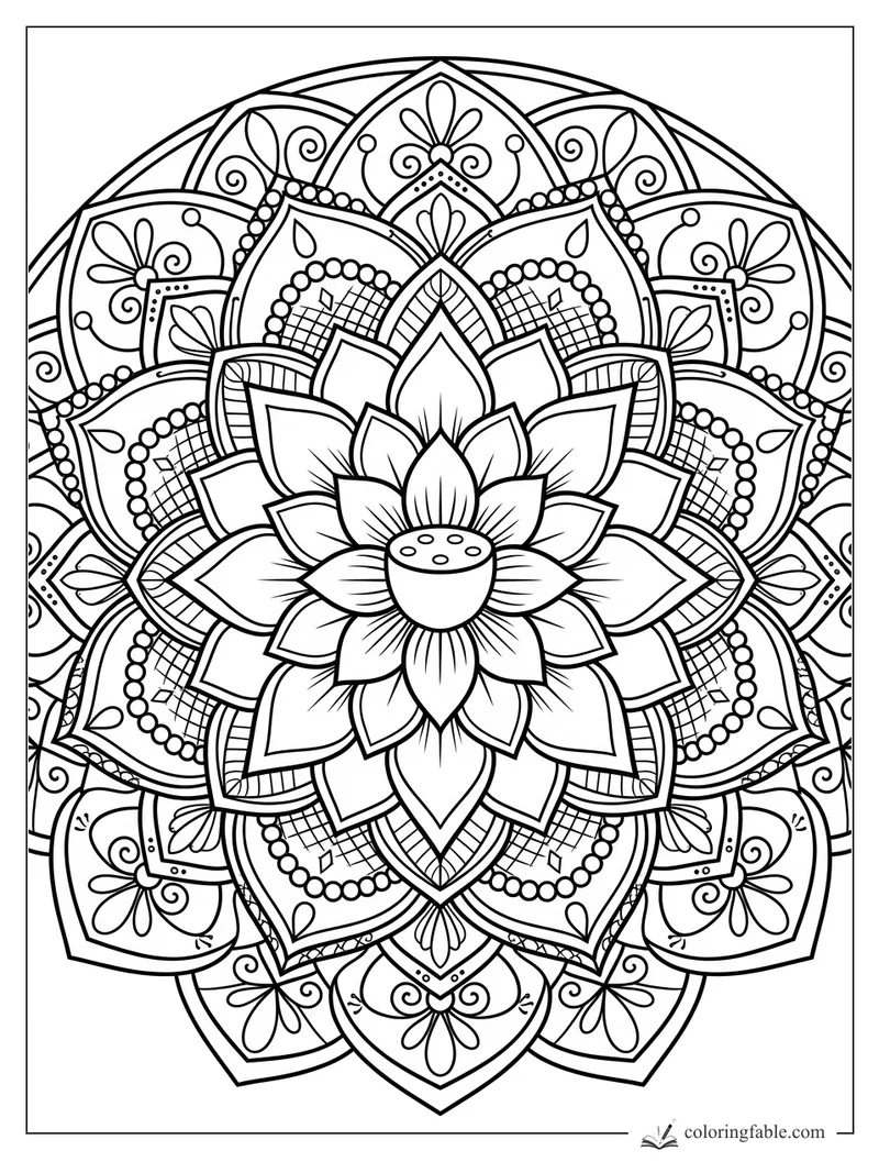Intricate tattoo-style lotus mandala with layered petals, bead arcs, scrolls, and lattice panels.