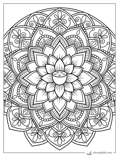 Intricate tattoo-style lotus mandala with layered petals, bead arcs, scrolls, and lattice panels.