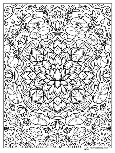 Intricate lotus pond mandala with layered petals, lily pads, reeds, fish, ripples, and curling water swirls.