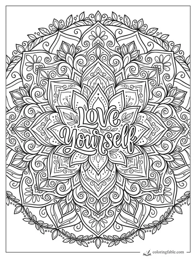 Intricate mandala coloring page with “Love Yourself” lettering, layered petals, leaves, curls, and dotted details.