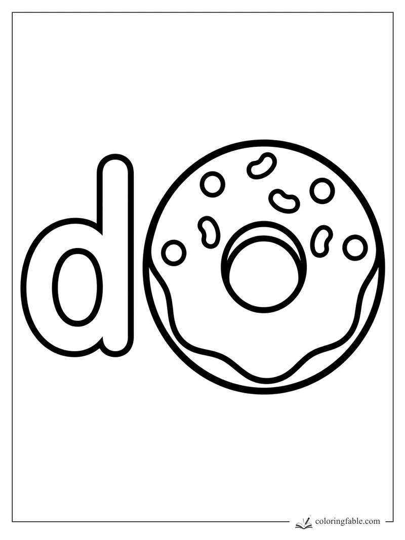 Bold lowercase d beside a frosted donut with round and bean-shaped sprinkles