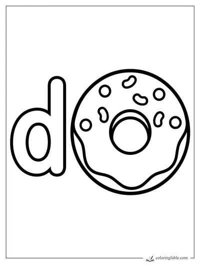 Bold lowercase d beside a frosted donut with round and bean-shaped sprinkles
