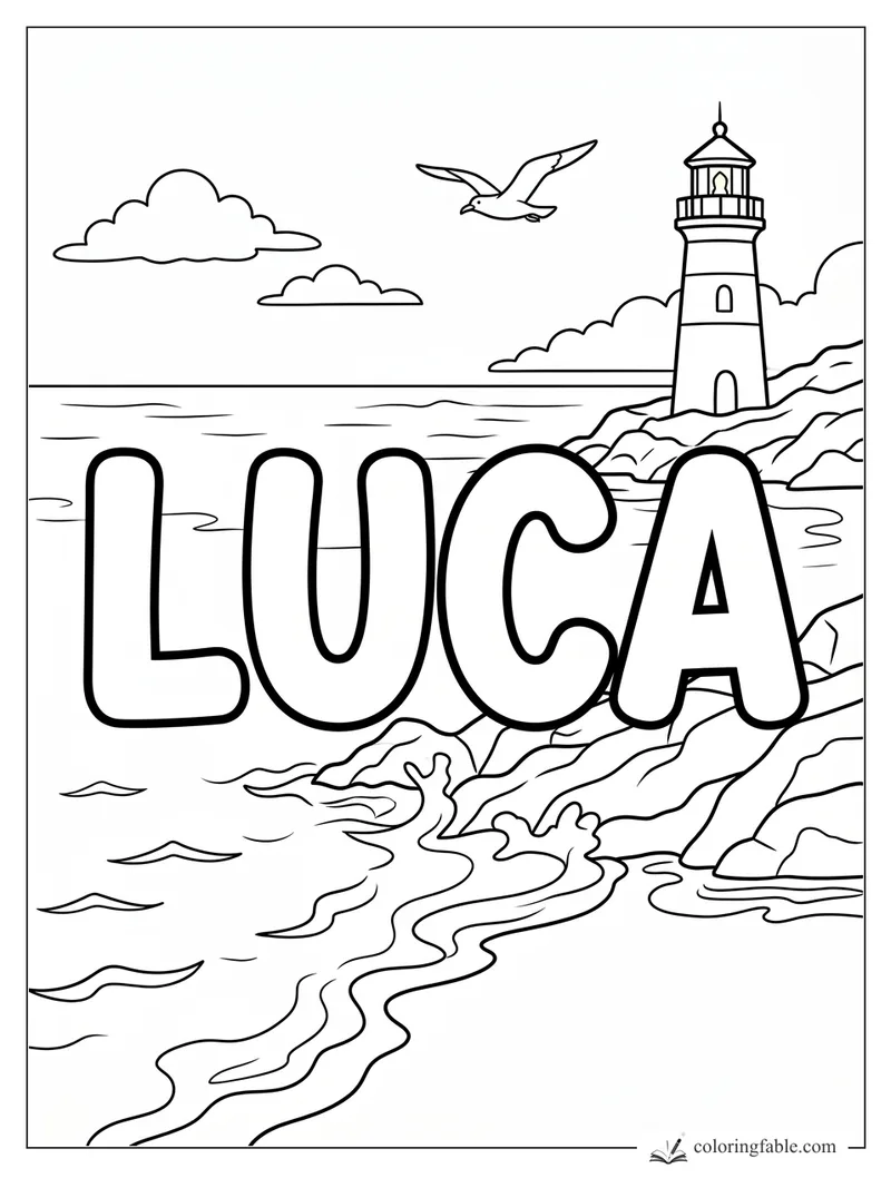 Luca name coloring page with a lighthouse, flying seagull, ocean waves, rocks, and clouds