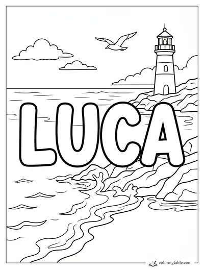 Luca name coloring page with a lighthouse, flying seagull, ocean waves, rocks, and clouds