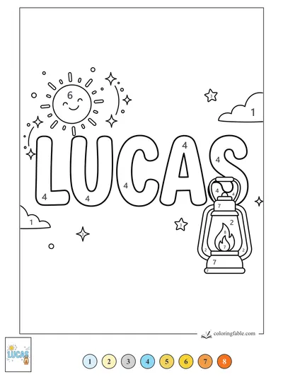 Lucas Name with Smiling Sun and Lantern — color by number