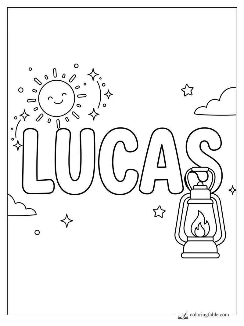 Lucas name coloring page with bubble letters, smiling sun, stars, clouds, and a little lantern