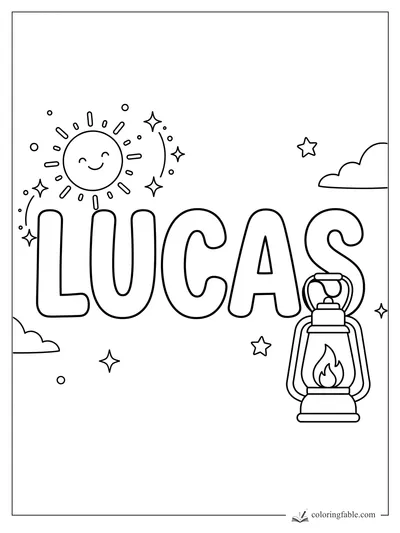 Lucas name coloring page with bubble letters, smiling sun, stars, clouds, and a little lantern