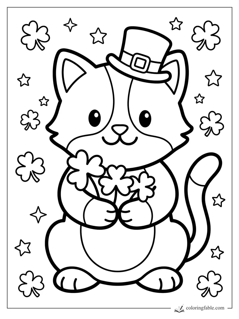 Cute kitten in a leprechaun hat holding shamrocks, with stars and clovers around it.