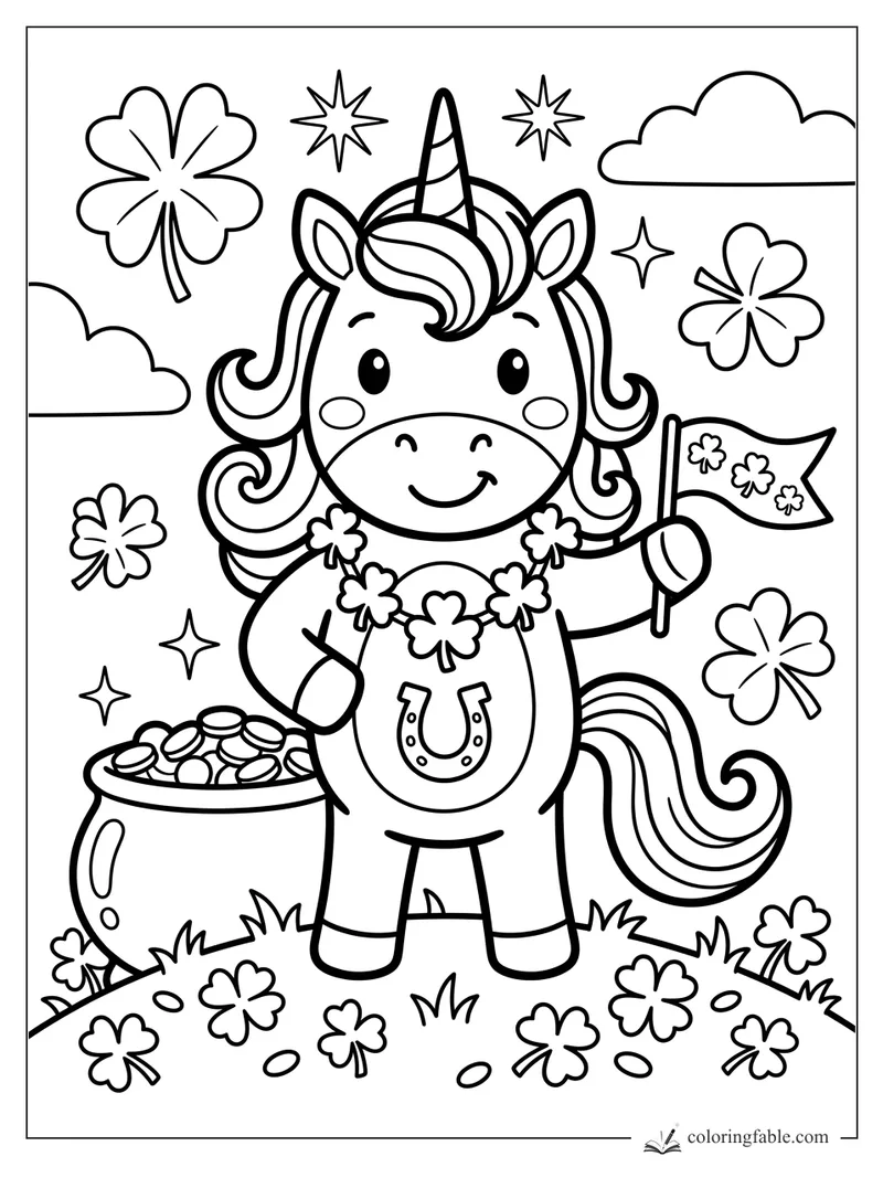 Cartoon unicorn holding a clover flag beside a pot of coins, with shamrocks, clouds, and stars.