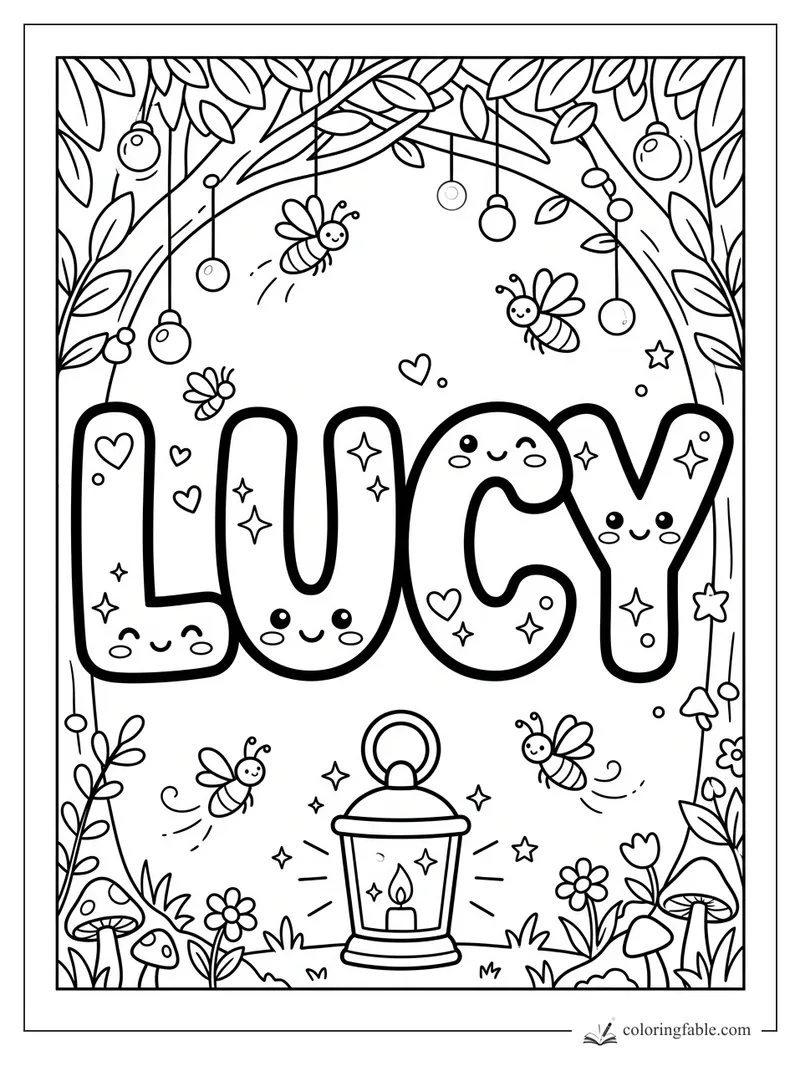 Kawaii LUCY name coloring page with fireflies, lantern, leaves, mushrooms, hearts, and stars.