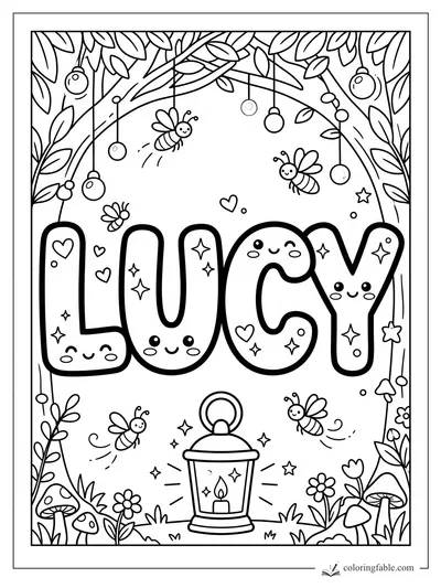 Kawaii LUCY name coloring page with fireflies, lantern, leaves, mushrooms, hearts, and stars.