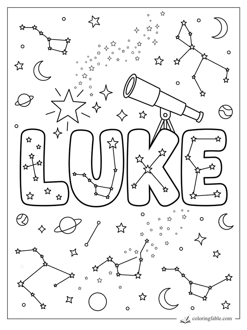 LUKE bubble letters with a telescope, constellations, crescent moons, planets, and scattered stars