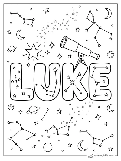 LUKE bubble letters with a telescope, constellations, crescent moons, planets, and scattered stars
