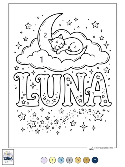 Luna Cat Napping on a Crescent Moon — color by number