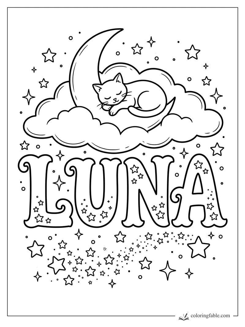 Luna name coloring page with sleeping cat on crescent moon, clouds, and stars