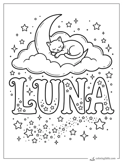 Luna name coloring page with sleeping cat on crescent moon, clouds, and stars