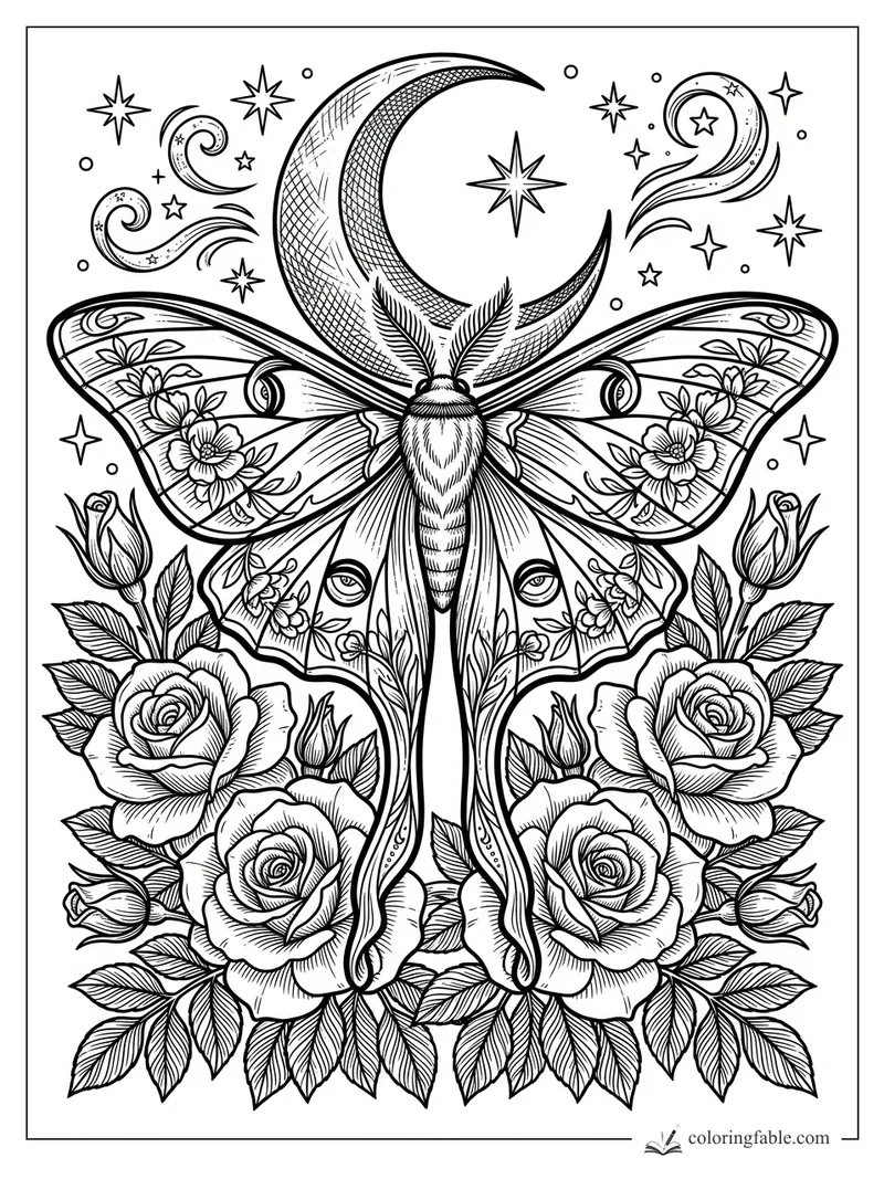 Intricate engraving of a luna moth with rose clusters, crescent moon, stars, and swirling night sky