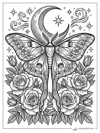 Intricate engraving of a luna moth with rose clusters, crescent moon, stars, and swirling night sky