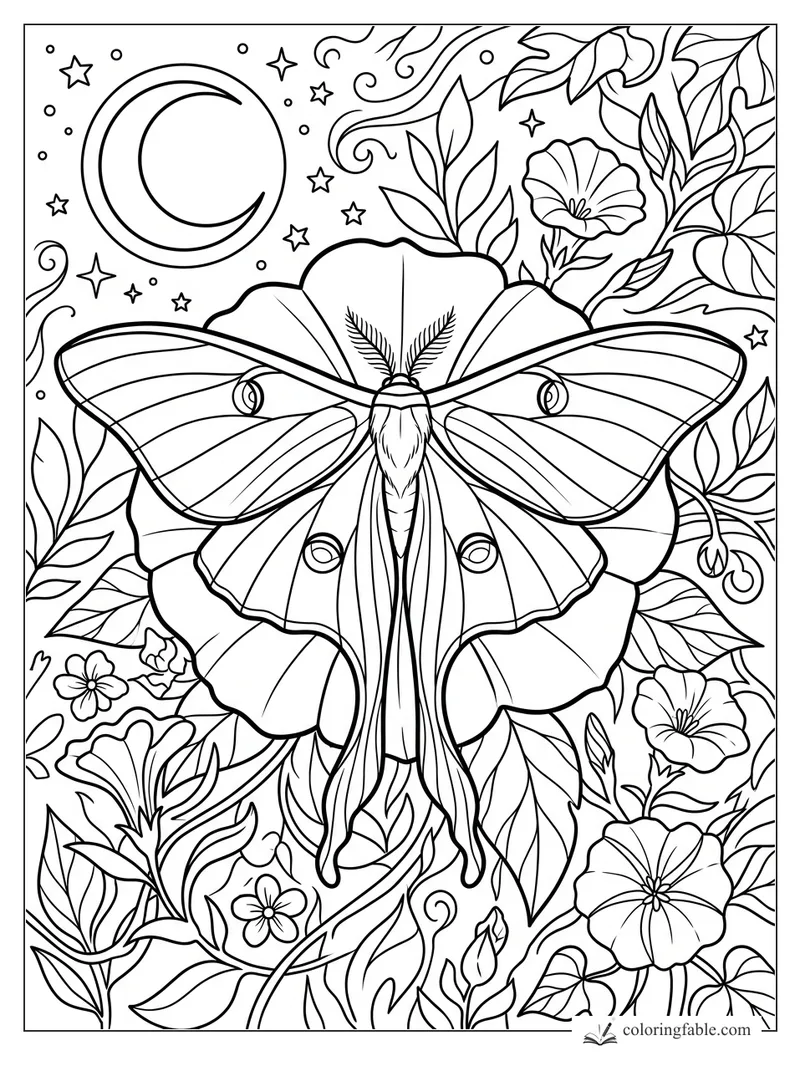 Luna moth with long tails among flowers, leafy vines, stars, and a crescent moon coloring page