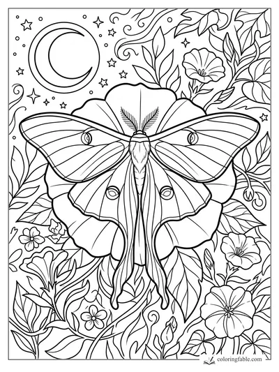 Luna moth with long tails among flowers, leafy vines, stars, and a crescent moon coloring page