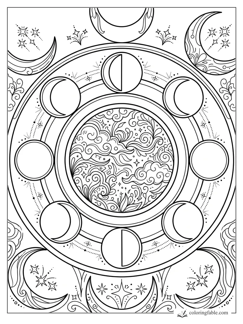 Intricate lunar mandala with moon phases, starbursts, dotted arcs, and a swirling cloud center