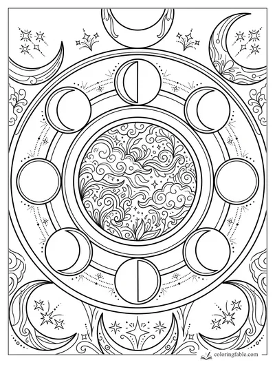 Intricate lunar mandala with moon phases, starbursts, dotted arcs, and a swirling cloud center