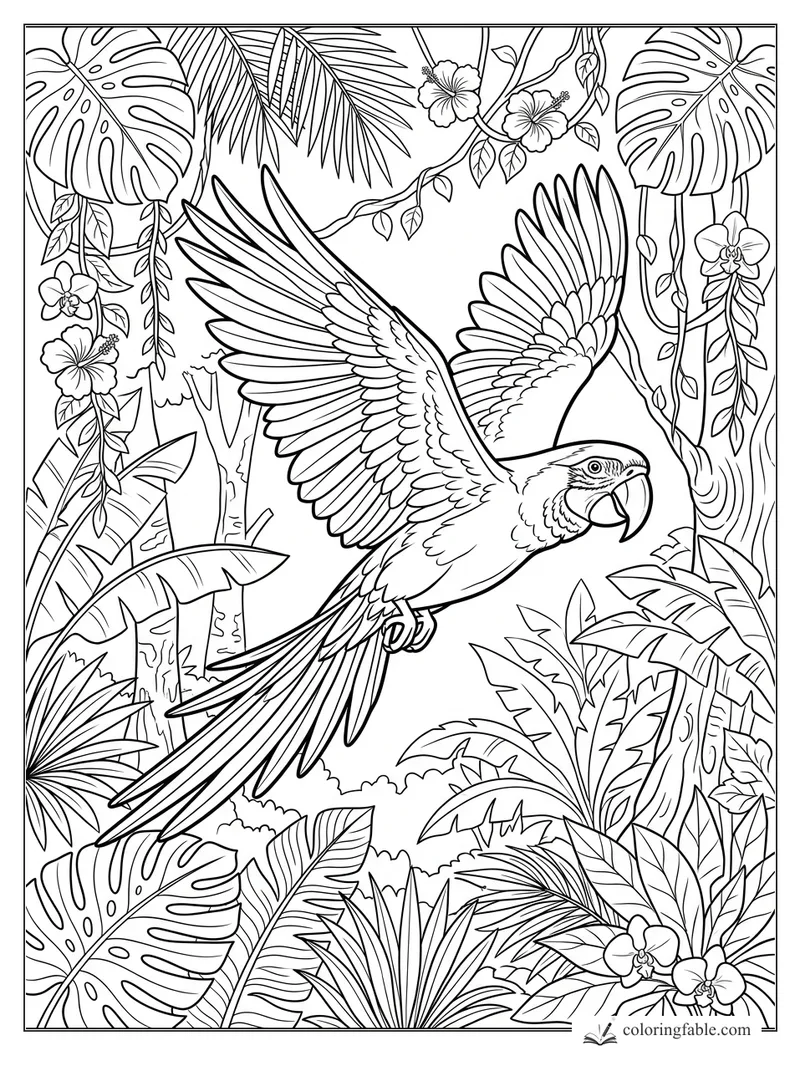 Cartoon macaw flying through monstera leaves, palms, vines, hibiscus, and orchids in a jungle scene