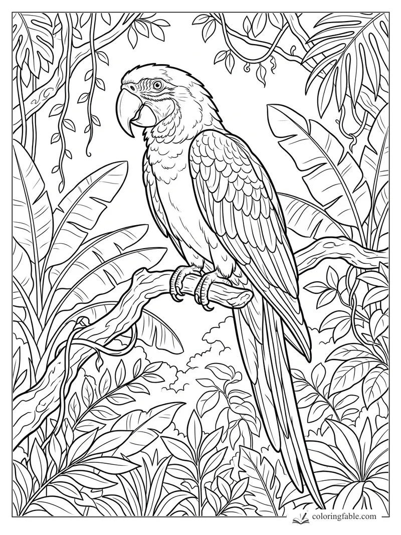 Realistic macaw perched on a twisting branch among vines, banana leaves, and dense jungle plants.