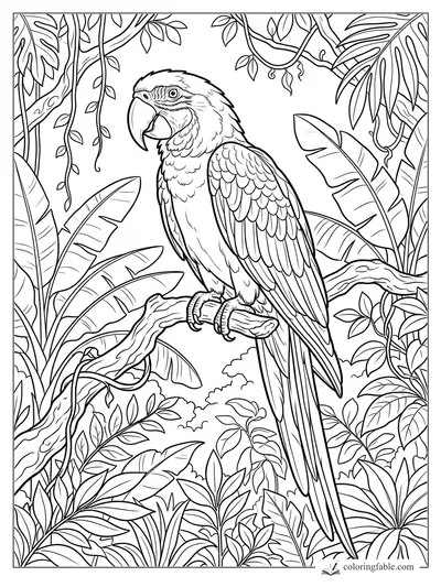 Realistic macaw perched on a twisting branch among vines, banana leaves, and dense jungle plants.