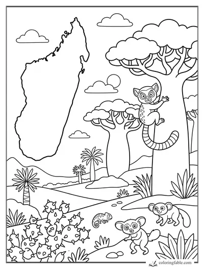 Madagascar map with lemurs, baobab trees, palms, cactus plants, clouds, and a tiny chameleon