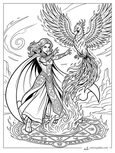 Manga mage raising a phoenix from a flaming rune circle amid desert spires