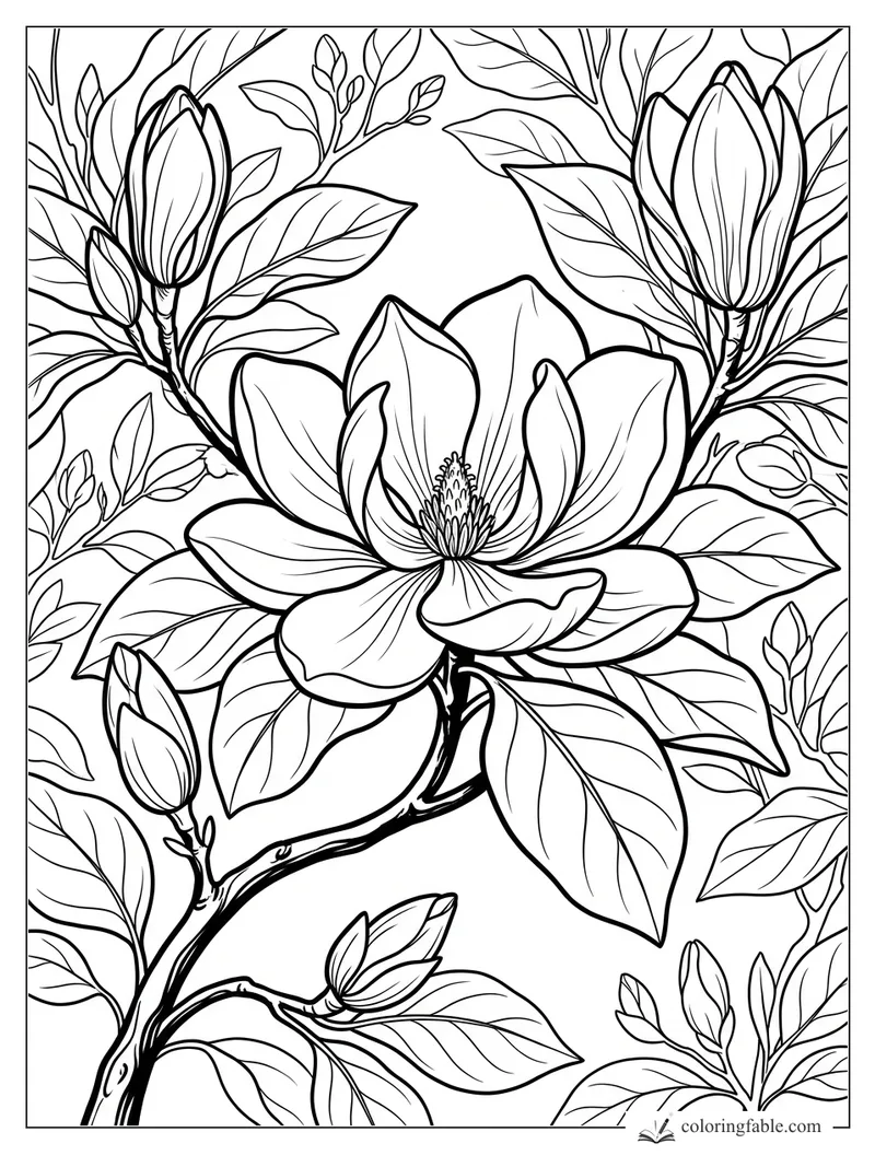 Magnolia coloring page with one open flower, closed buds, leafy branches, and detailed petal lines