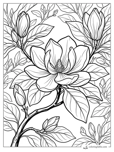Magnolia coloring page with one open flower, closed buds, leafy branches, and detailed petal lines