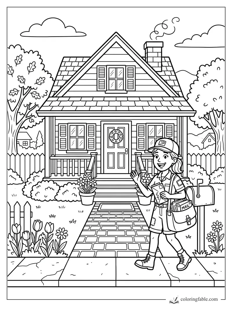 Cartoon mail carrier waving by a gabled house with shutters, wreath, mailbox, garden, and smoking chimney.