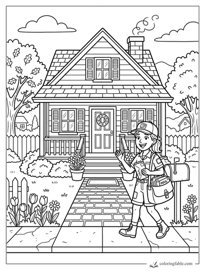 Cartoon mail carrier waving by a gabled house with shutters, wreath, mailbox, garden, and smoking chimney.