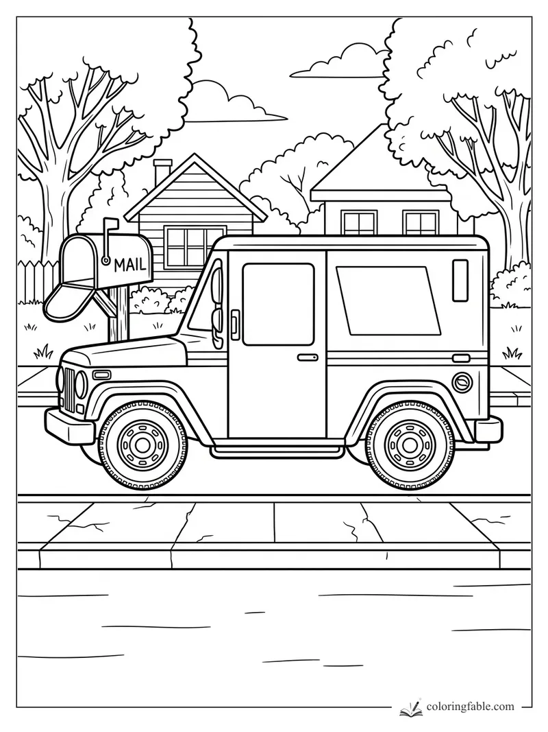 Coloring page of a mail truck parked by an open mailbox in a leafy neighborhood